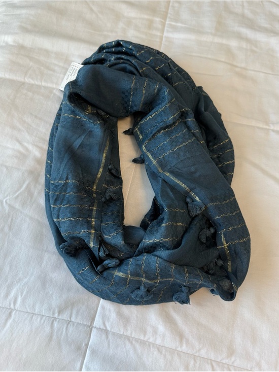 Anthropologie Accessories - Anthropologie Blue Tasseled Infinity Scarf with Gold Metallic Thread